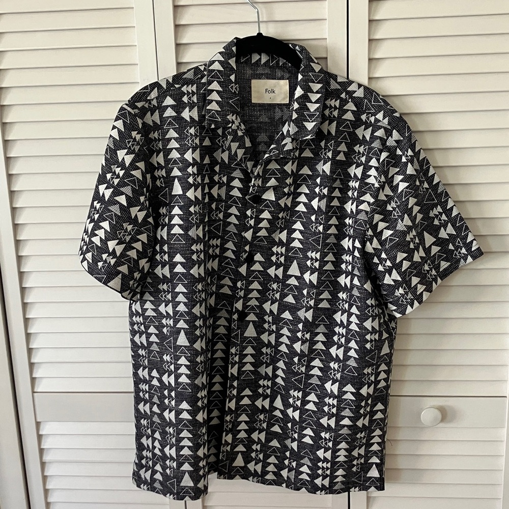 Folk Black & White Geometric Canp Style Short-Sleeve Shirt Large 100% Cotton